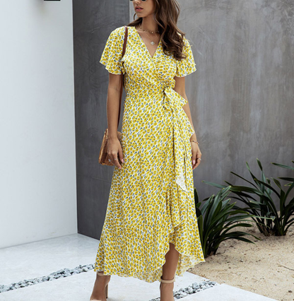 Damen Blumenkleid V-Ausschnitt Rüschen Sommerlich Elegantes Design