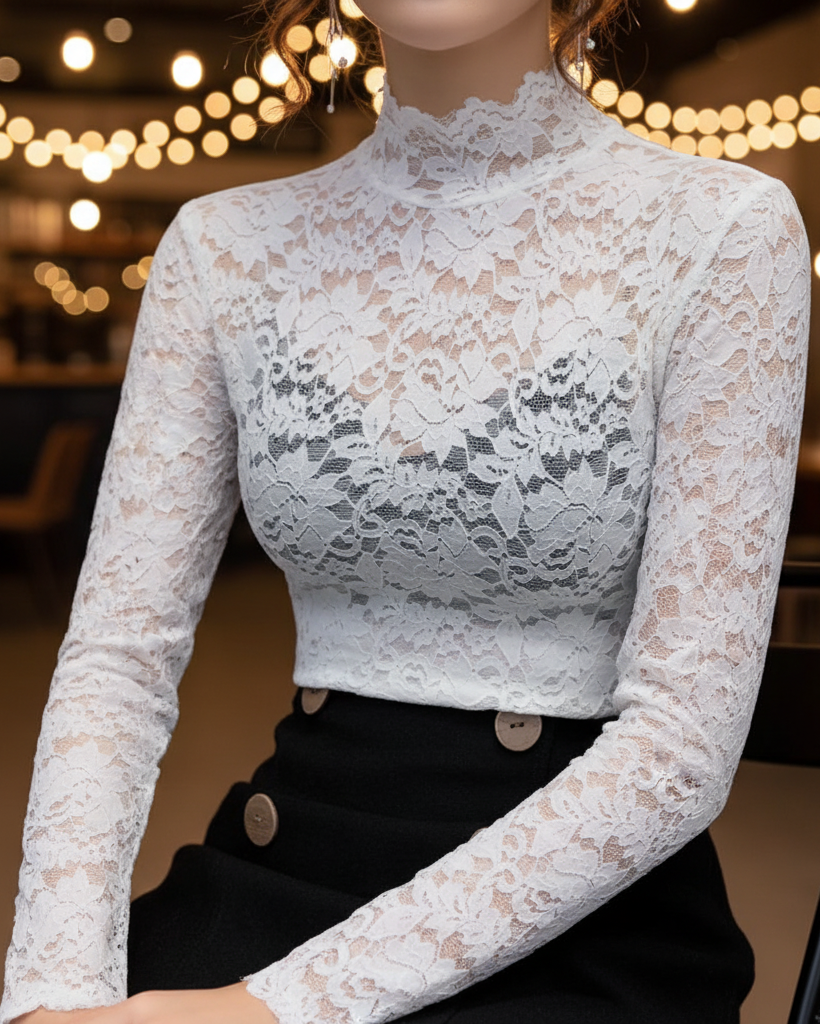 Damen Spitzenbluse Stehkragen Weiß - Norvielle