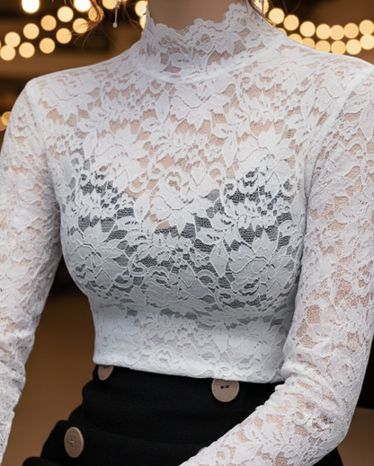 Damen Spitzenbluse Stehkragen Weiß