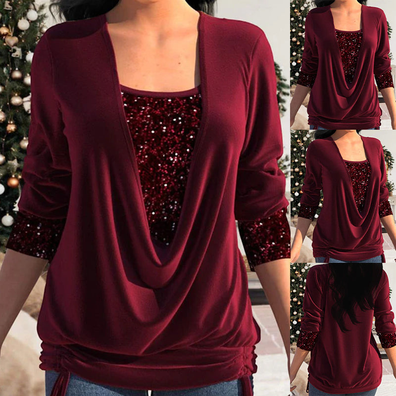 Damen Bluse Langarm Pailletten Elegante Weiss
