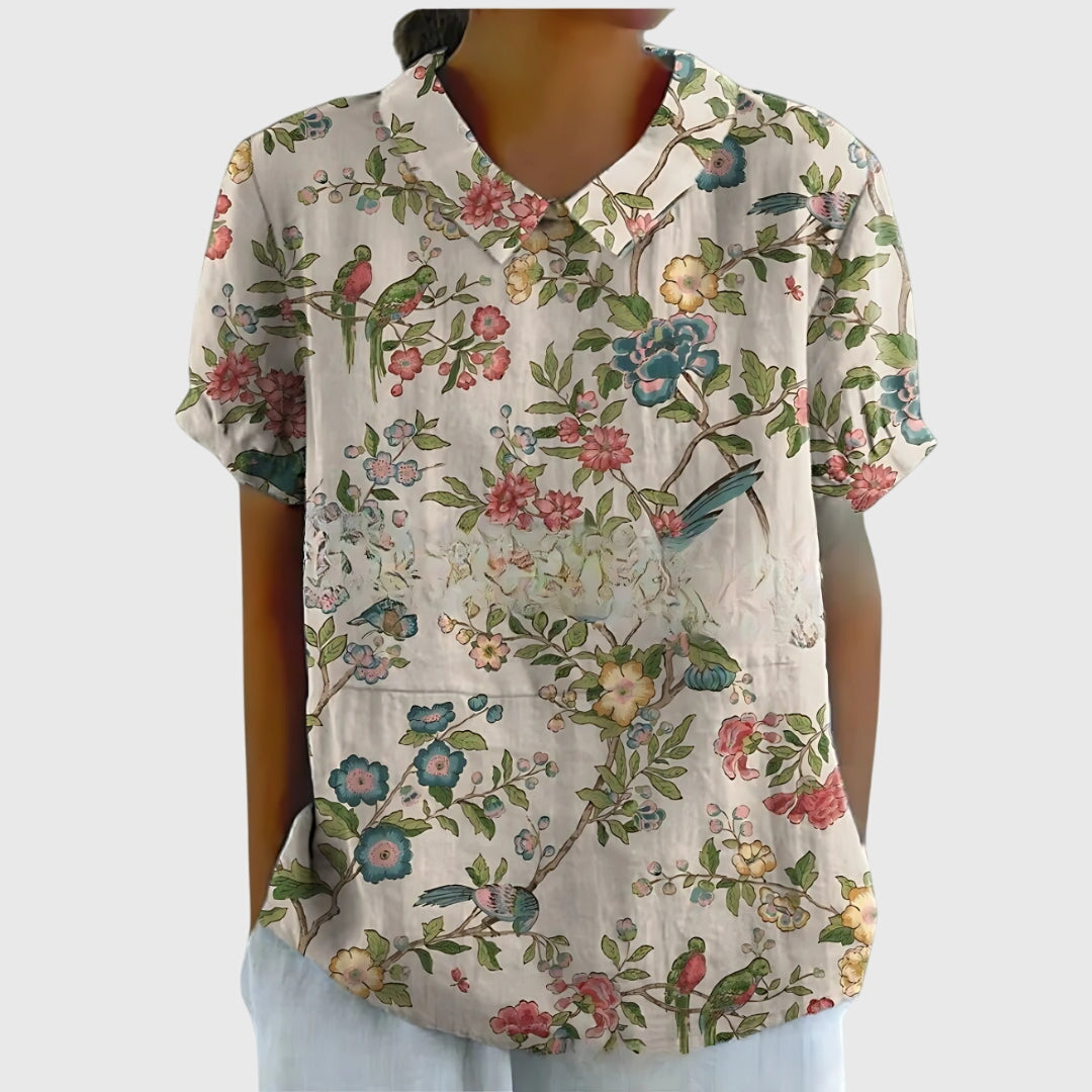 Damen Blume Bluse Kurzarm mit Kragen