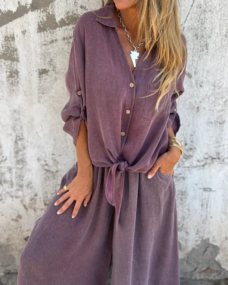 Damen Zweiteiler Uni Farbe Weite Hose Locker Bluse