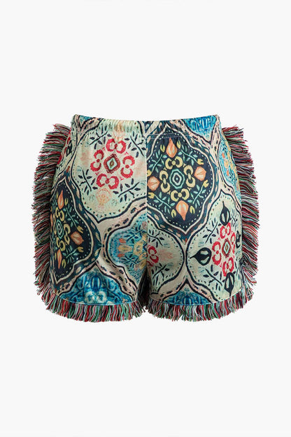 Damen Zweiteiler-Set Boho-Print Fransen