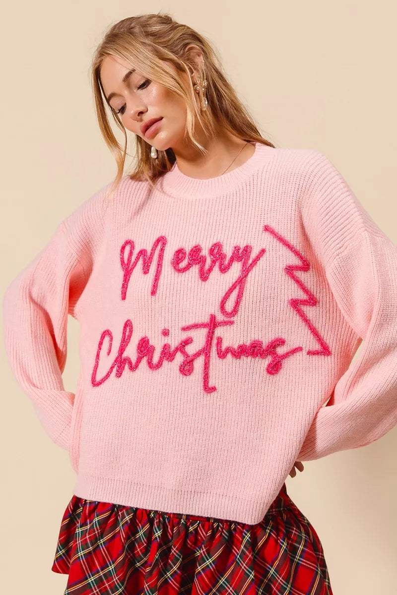 Damen Weihnachtspullover Rosa Glitzer Schriftzug - Norvielle