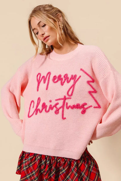 Damen Weihnachtspullover Rosa Glitzer Schriftzug - Norvielle