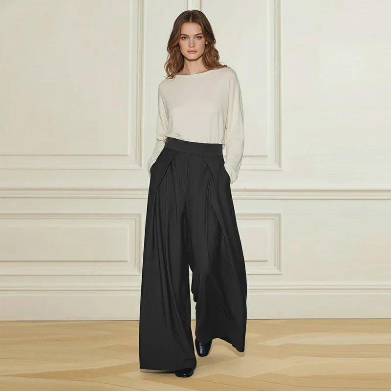 Valenya Damen High-Waist Palazzo-Hose Faltenrock Schwarz - Norvielle
