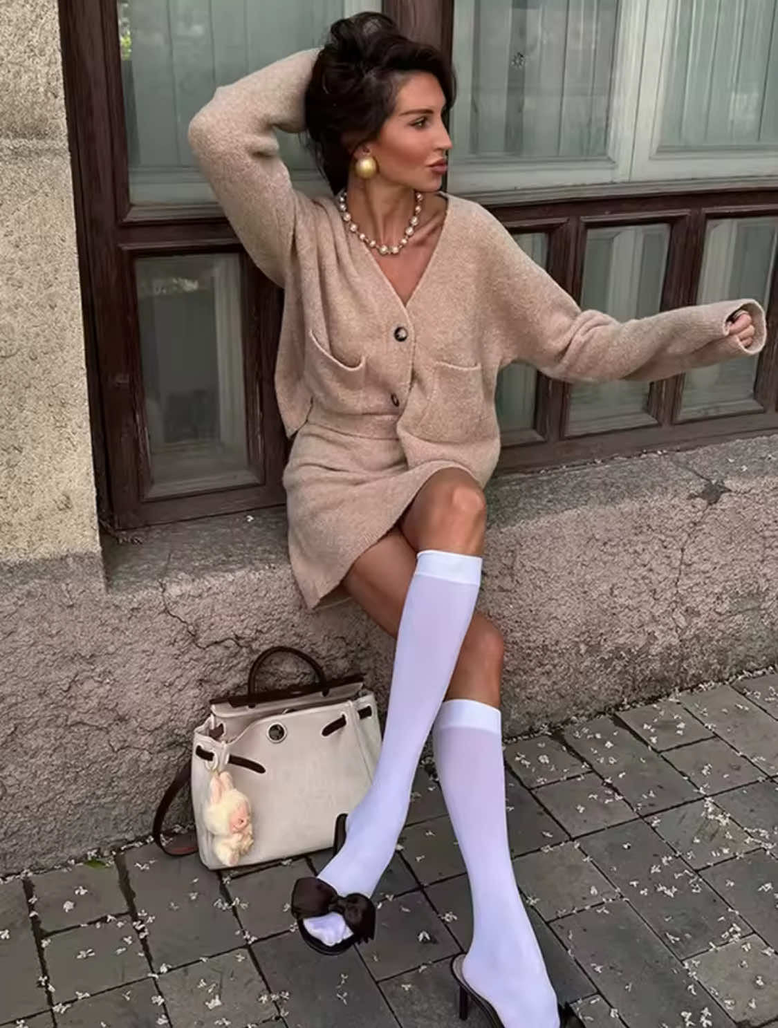 Marelle Damen Strick-Set Beige Cardigan Minirock