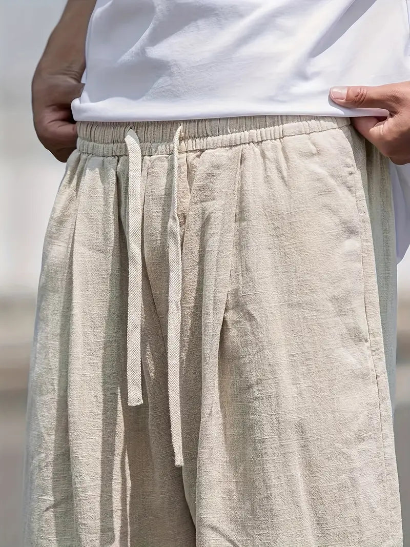 Leinenhose Damen Locker Geschnitten Kordelzug Beige