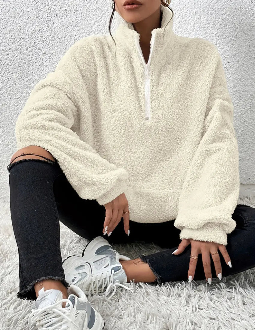 Damen Fleece-Pullover Oversized Gemütlich Beige - Norvielle