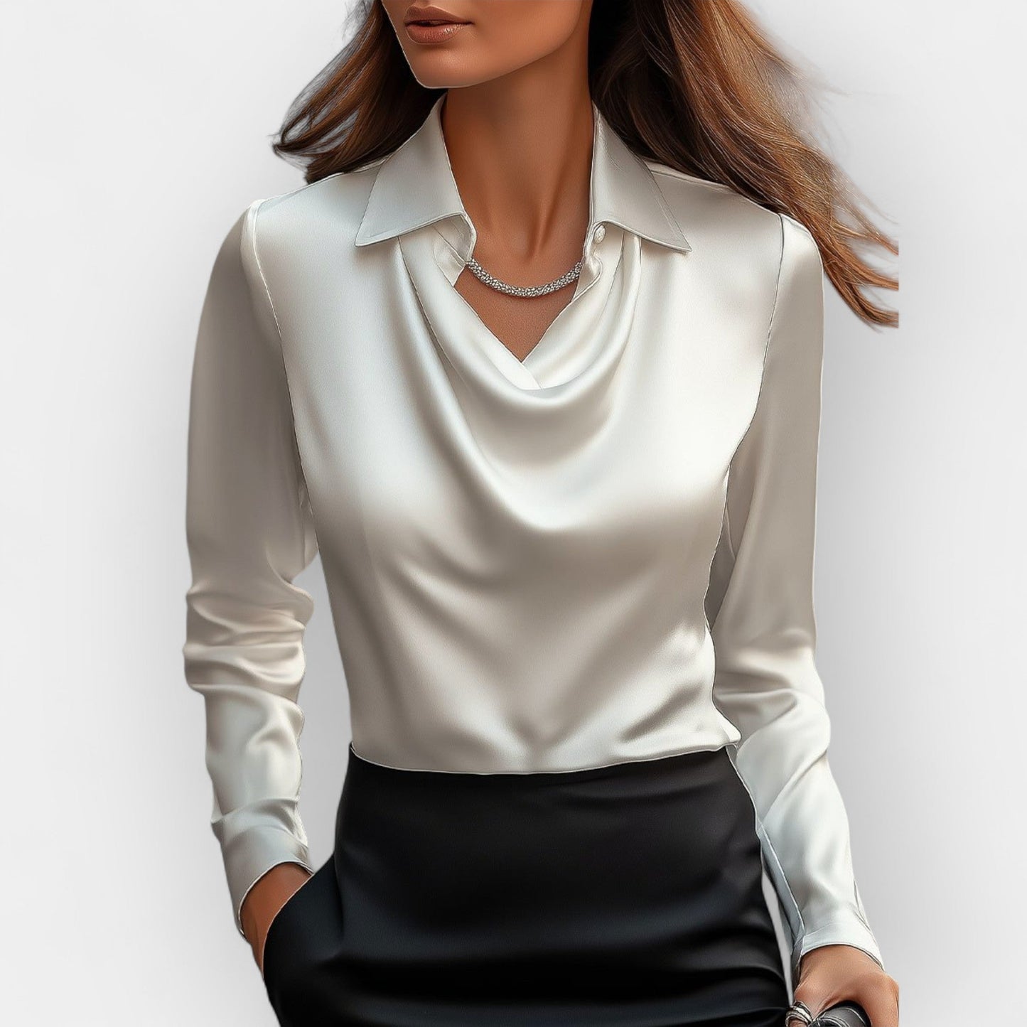 Damen Satinbluse Langarm Wasserfallkragen Eleganz