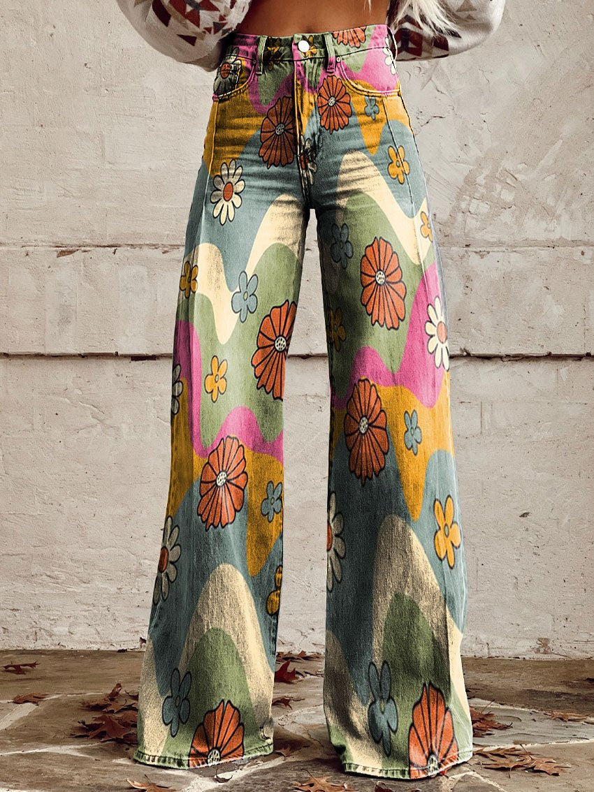 Damen Baggy Jeans Lang Blumenprint
