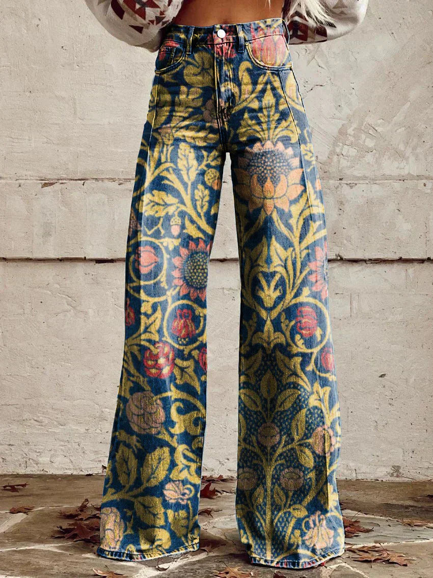 Damen Baggy Jeans Lang Blumenprint