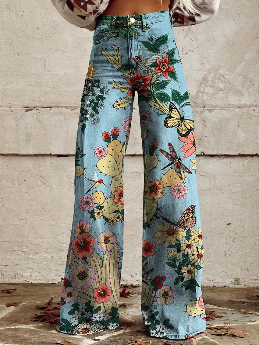 Damen Baggy Jeans Lang Blumenprint