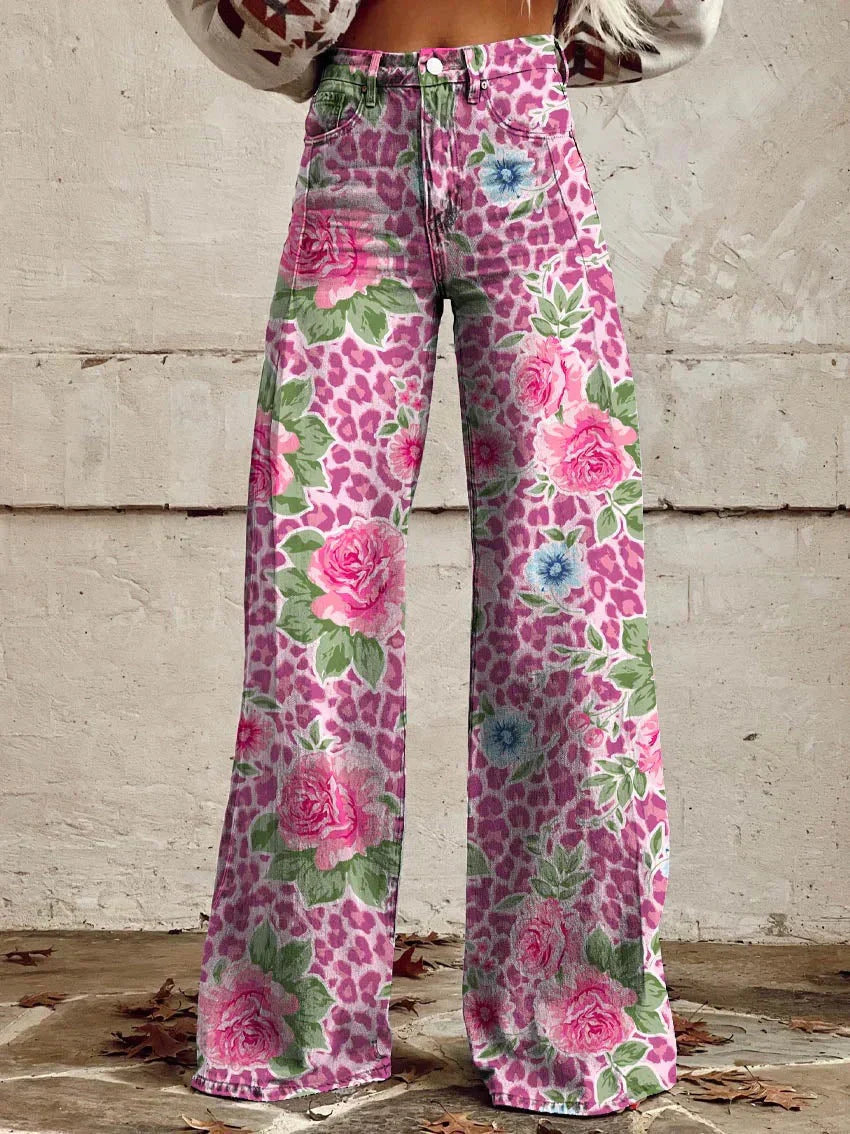 Damen Baggy Jeans Lang Blumenprint