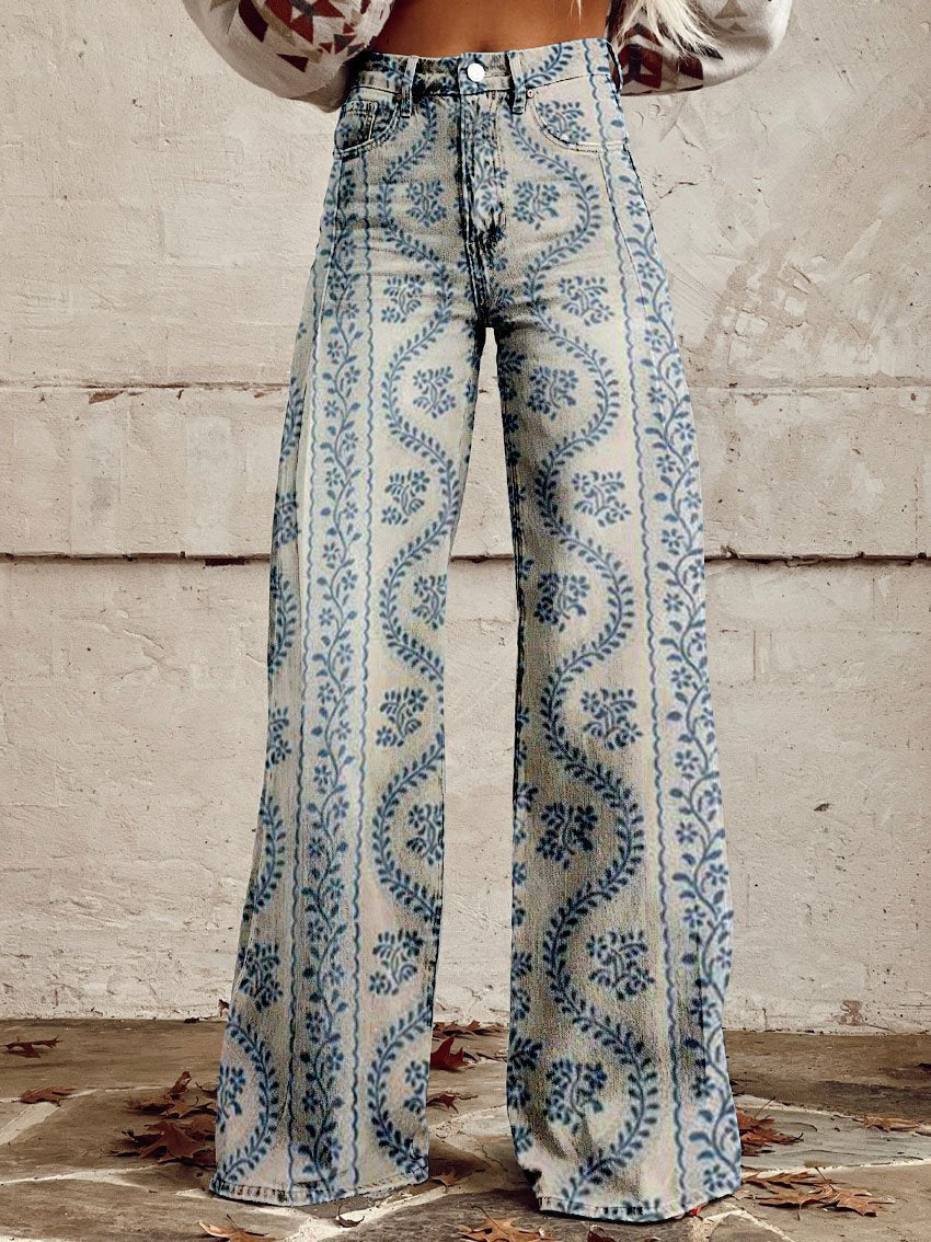 Damen Baggy Jeans Lang Blumenprint