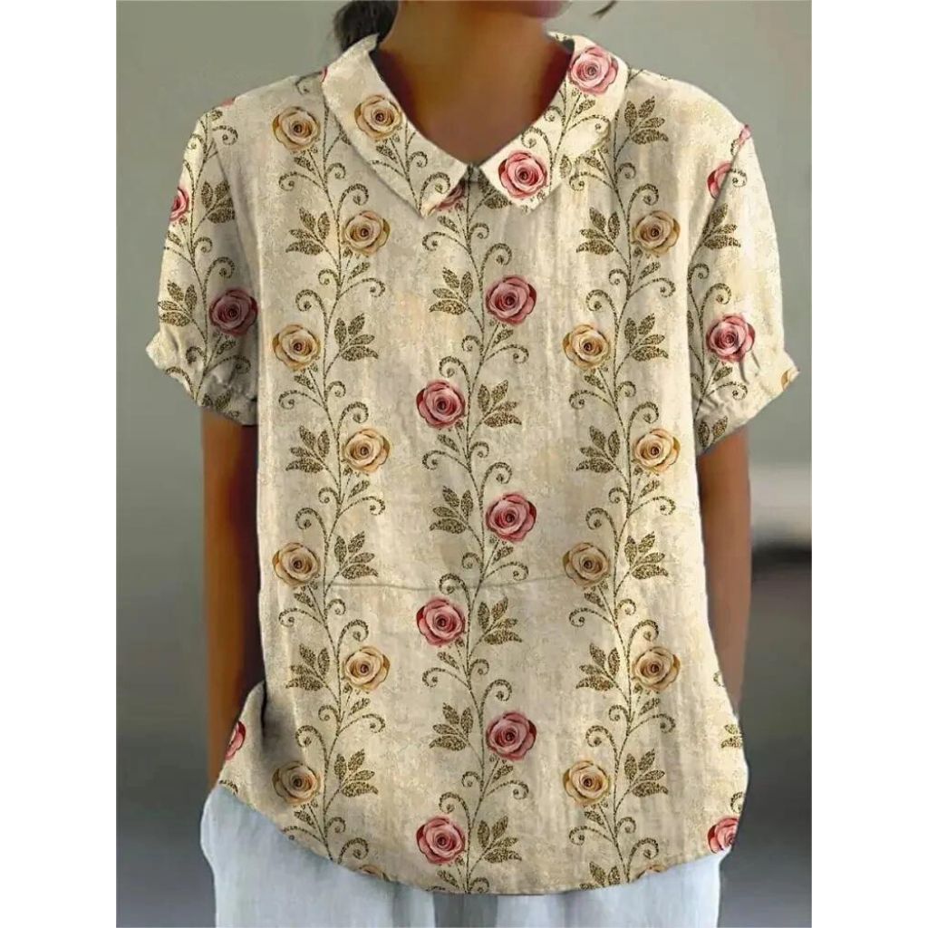Damen Bluse Blumenmuster Kurze Ärmel - Eveloria