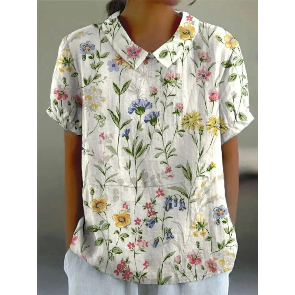 Damenhemd Blumendruck Baumwolle Leicht Rosa
