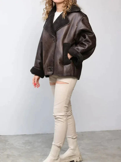 Damen Oversized Teddyjacke Großes Revers Schwarz - Norvielle