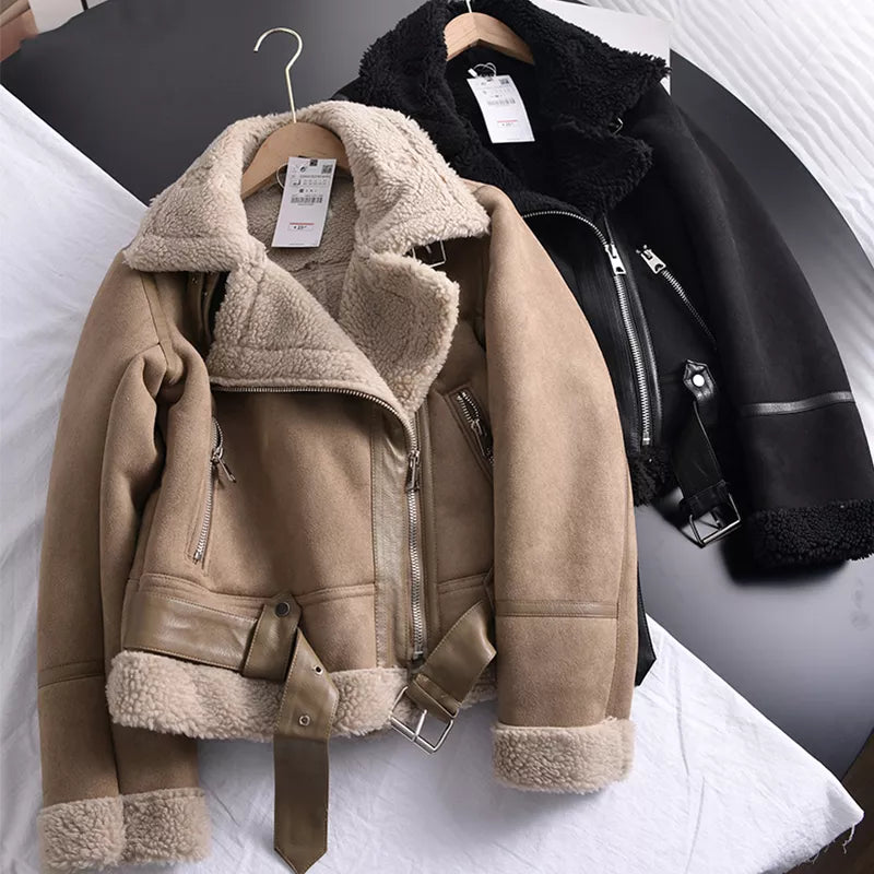 Norvielle Damen Winterjacke Wildleder Elegant Schwarz - Norvielle