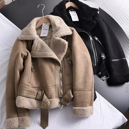 Norvielle Damen Winterjacke Wildleder Elegant Schwarz - Norvielle