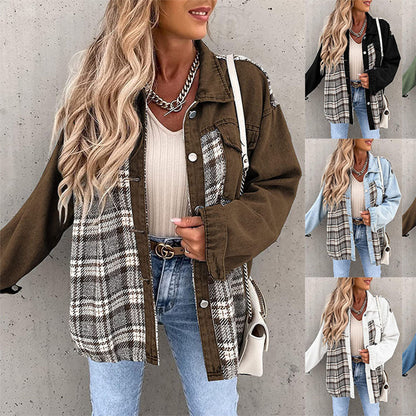 Damenjacke Kariert Denim-Look mit Knöpfen und Kragen