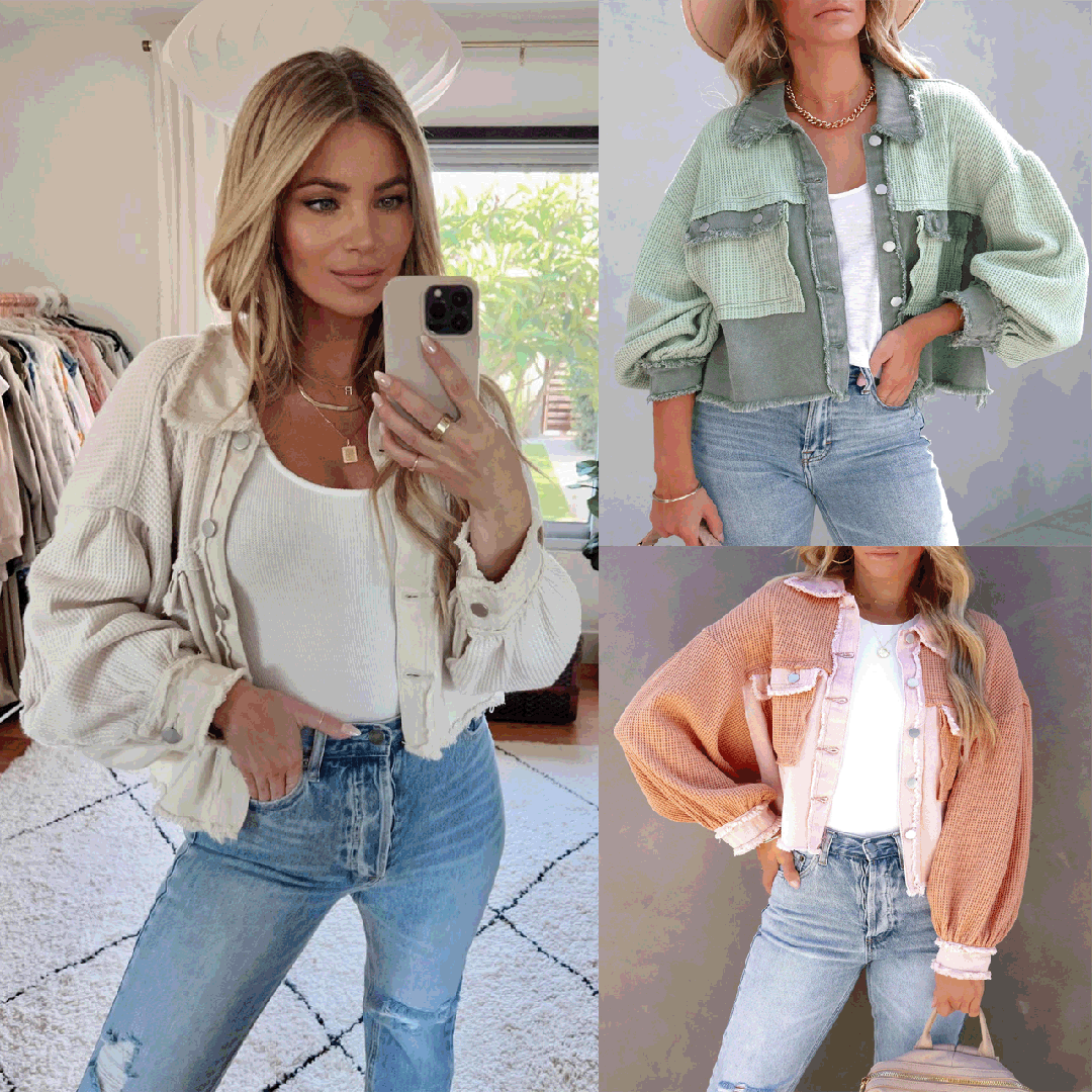 Damen Patchwork-Jacke Bischofsärmel Knopfleiste
