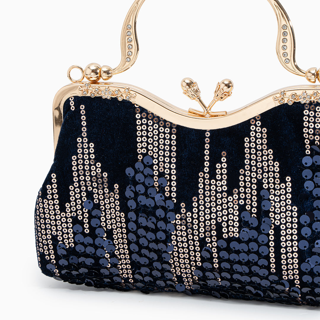 Damen Clutch Navyblau Samt Gold Pailletten