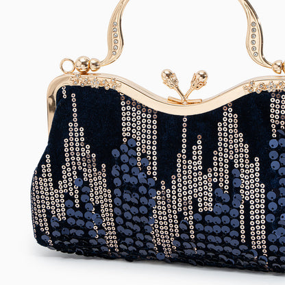 Damen Clutch Navyblau Samt Gold Pailletten