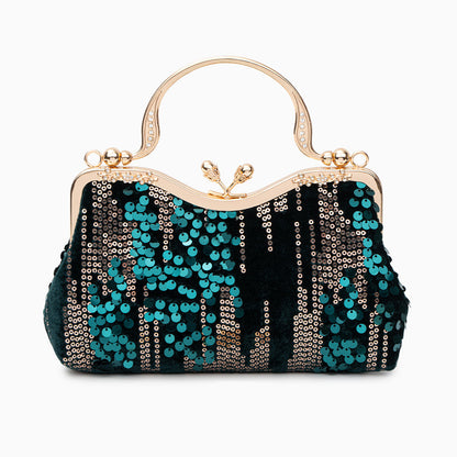 Damen Clutch Navyblau Samt Gold Pailletten