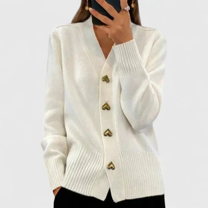 Damen Strickcardigan Weich Herzknöpfe Beige