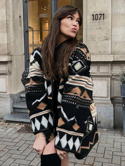 Damen Oversized Jacke Geometrisches Muster Herbstmantel - Norvielle