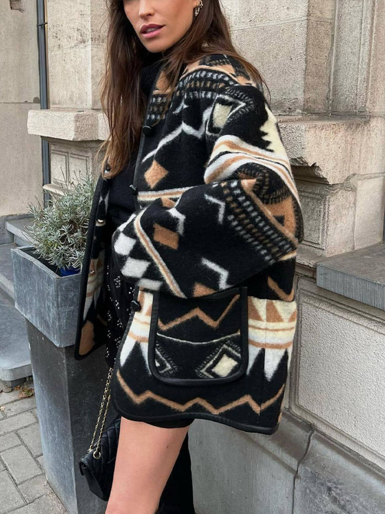 Damen Oversized Jacke Geometrisches Muster Herbstmantel