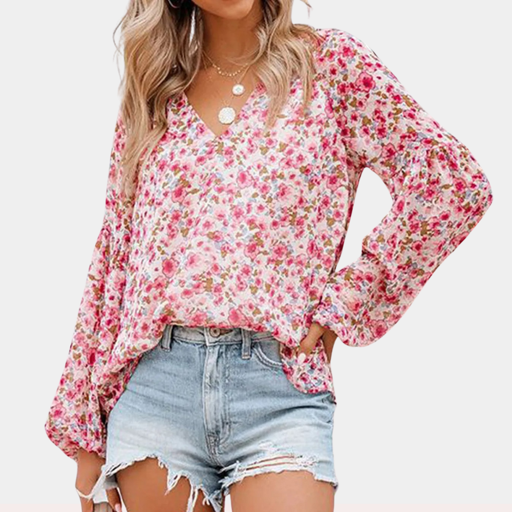 Damen Sommerbluse V-Ausschnitt Blumenmuster Langarm Boho-Stil - Norvielle