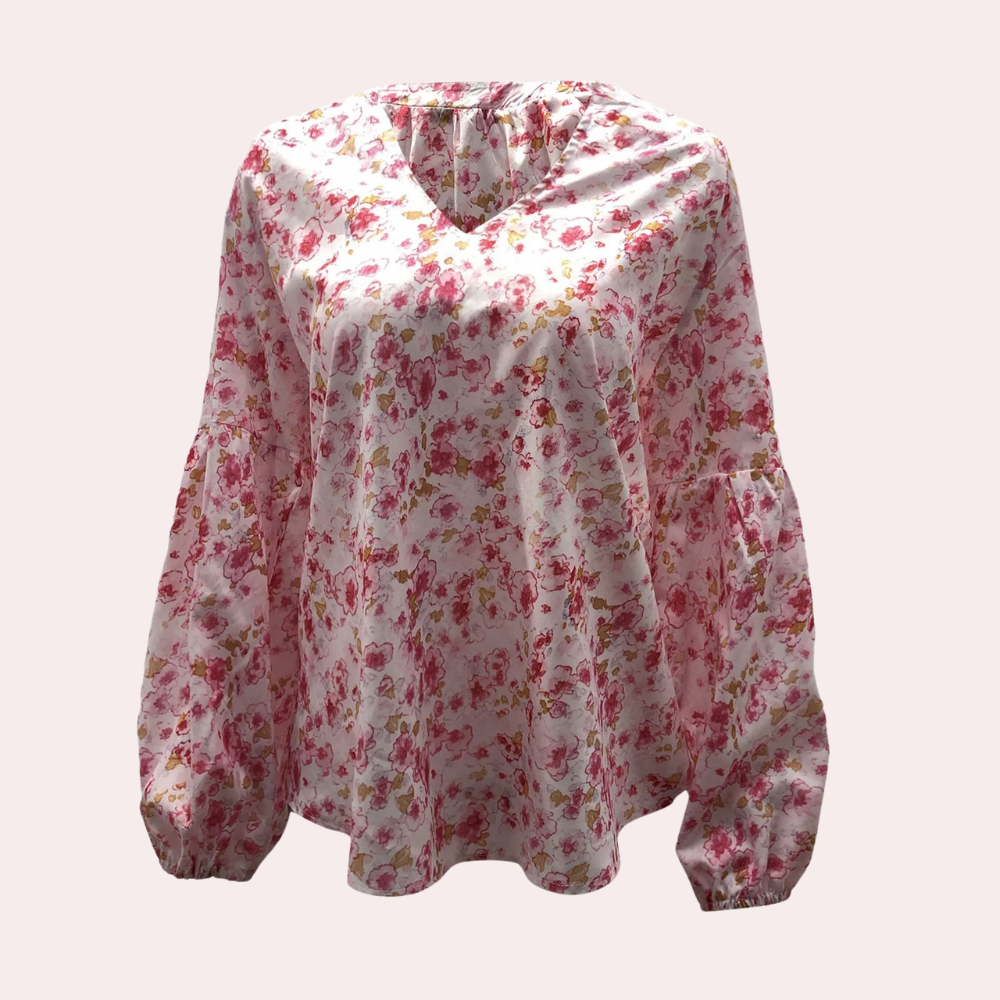 Damen Sommerbluse V-Ausschnitt Blumenmuster Langarm Boho-Stil