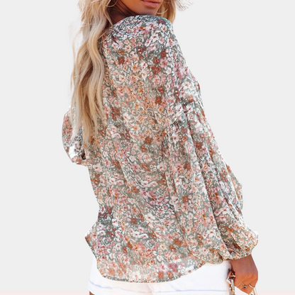 Damen Sommerbluse V-Ausschnitt Blumenmuster Langarm Boho-Stil