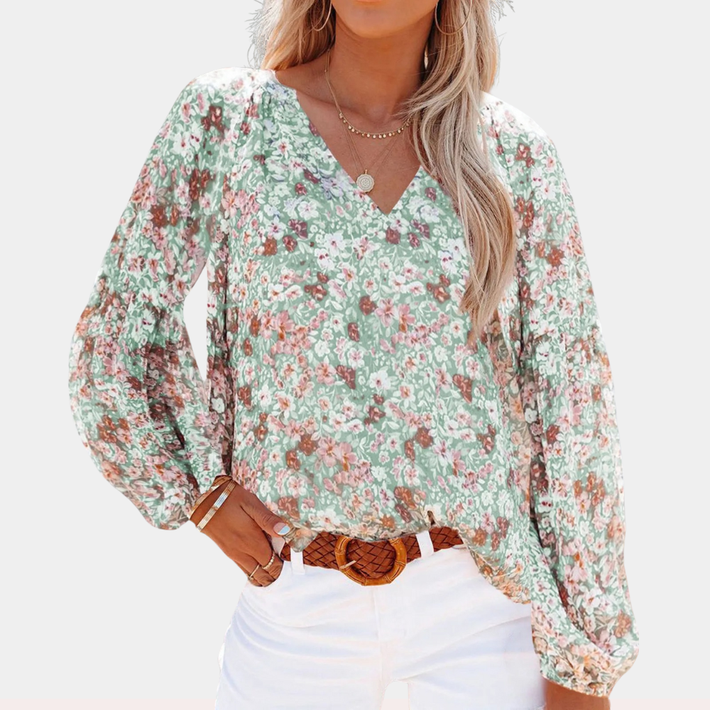 Damen Sommerbluse V-Ausschnitt Blumenmuster Langarm Boho-Stil