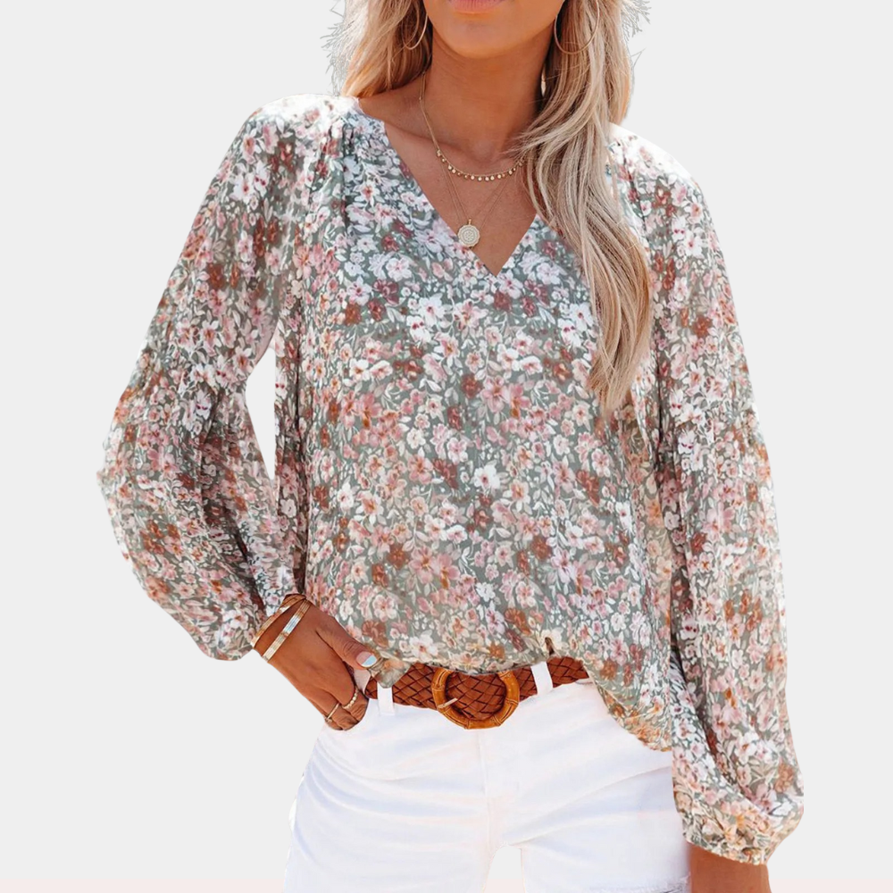 Damen Sommerbluse V-Ausschnitt Blumenmuster Langarm Boho-Stil