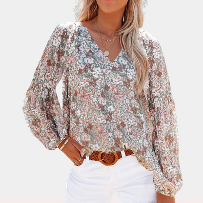 Damen Sommerbluse V-Ausschnitt Blumenmuster Langarm Boho-Stil