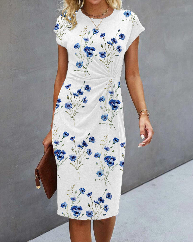 Damen Wickelkleid Blumenmuster Kurzärmelig Midi - Eveloria