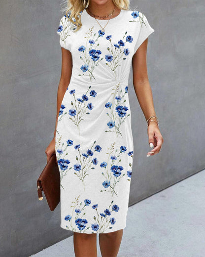 Damen Wickelkleid Blumenmuster Kurzärmelig Midi - Eveloria
