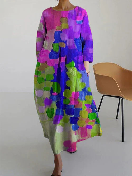 Damen Maxikleid Abstraktes Blumenmuster Länge Mit Langen Ärmeln - Norvielle