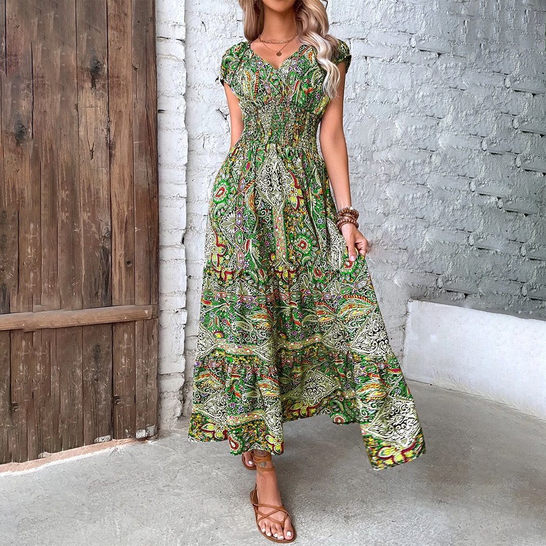 Damen Boho Maxikleid V-Ausschnitt Kurzarm Tailliert Farbprint - Norvielle