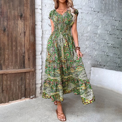 Damen Boho Maxikleid V-Ausschnitt Kurzarm Tailliert Farbprint - Norvielle