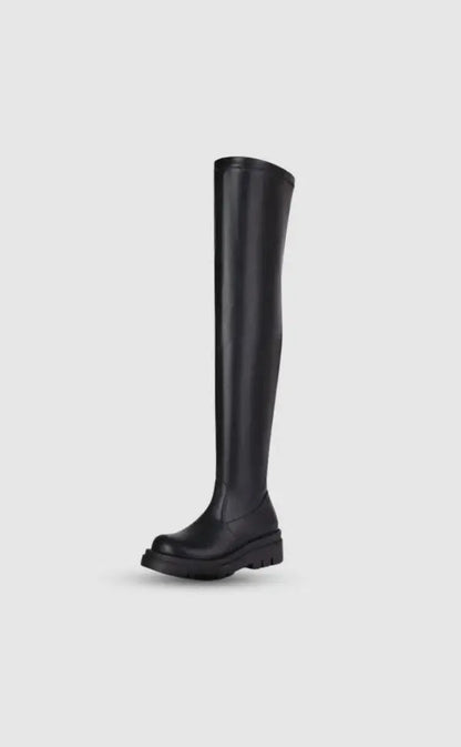 Damen Überknie Stiefel Chic Leder Schwarz - Norvielle