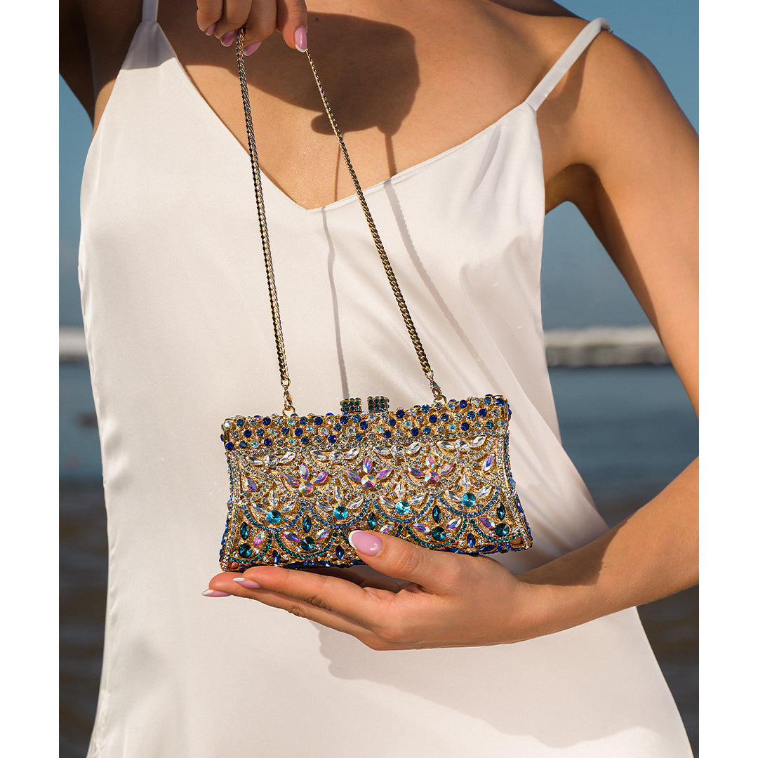 Damen Clutch Gold- Kristallverziert Strass Ornamentmuster