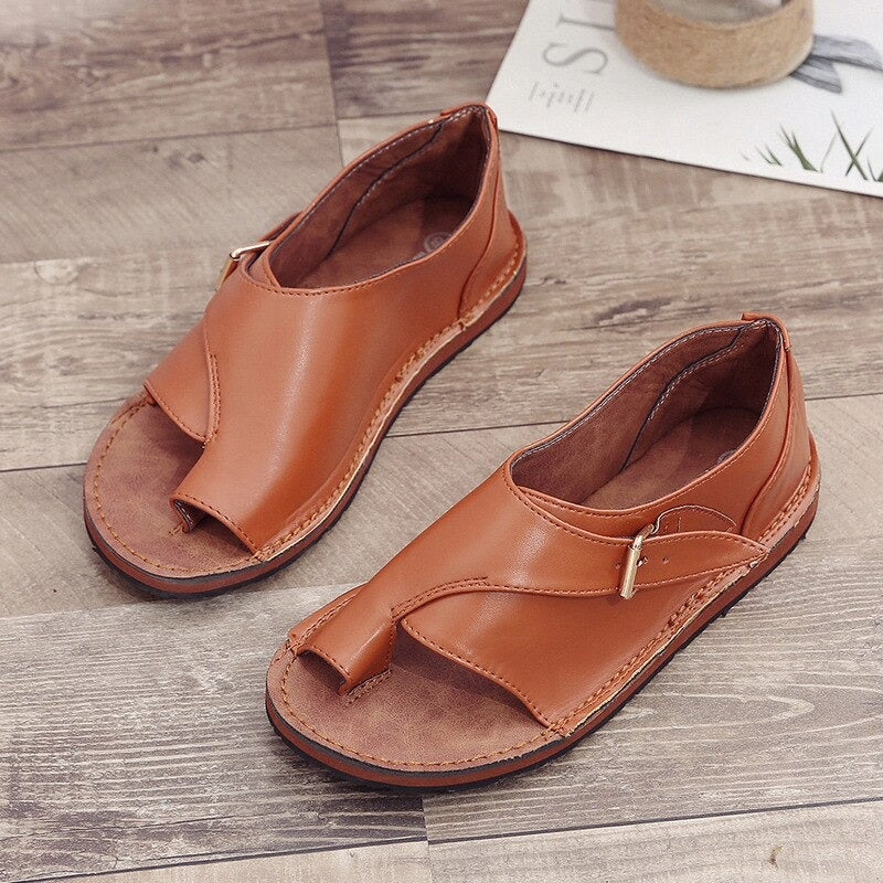 Damen Flache Sandalen Schnalle Leder