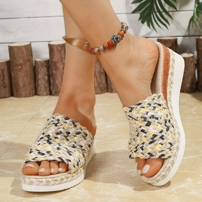 Damen Plateau Slipper Gewebter Riemen Boho Stil Beige