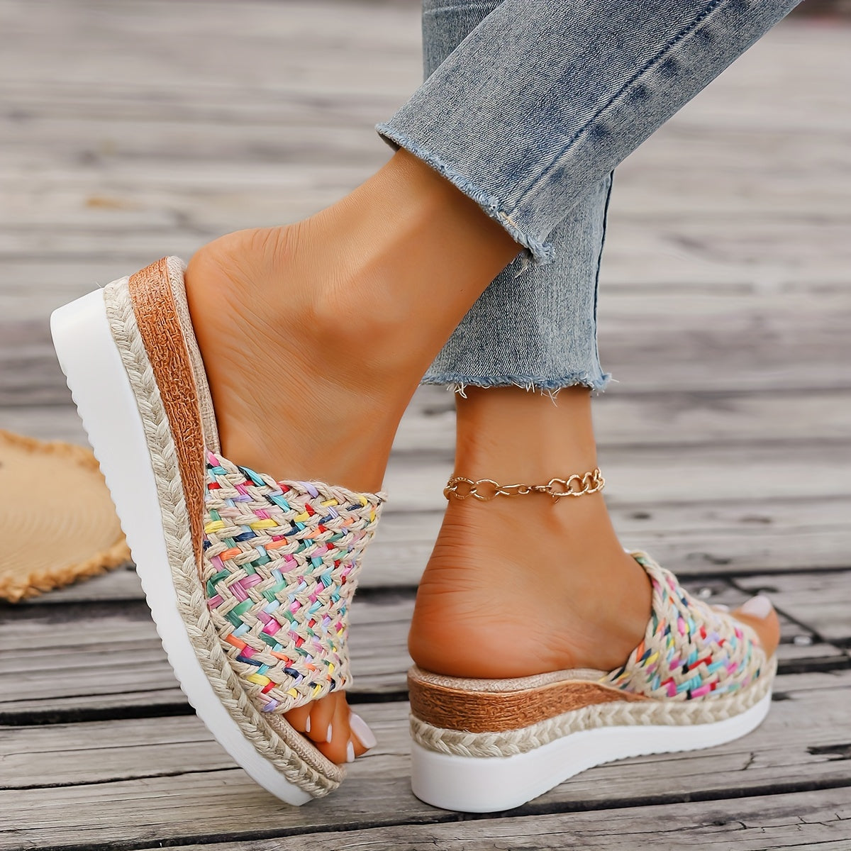 Damen Plateau Slipper Gewebter Riemen Boho Stil Beige