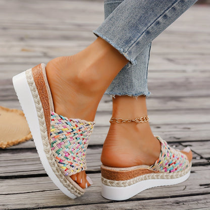 Damen Plateau Slipper Gewebter Riemen Boho Stil Beige