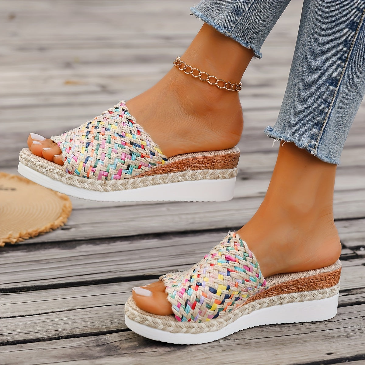 Damen Plateau Slipper Gewebter Riemen Boho Stil Beige